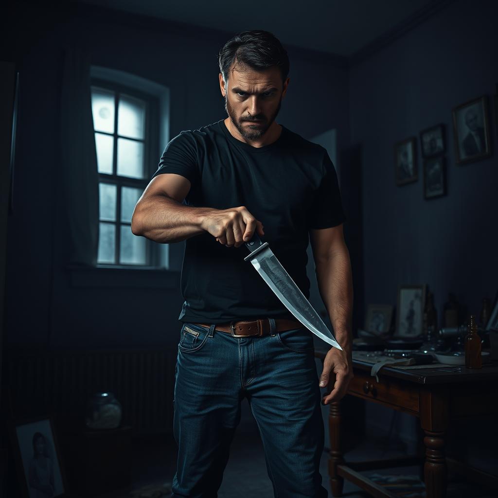 A tense scene featuring a man gripping a knife, standing in a dimly lit room