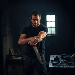 A tense scene featuring a man gripping a knife, standing in a dimly lit room