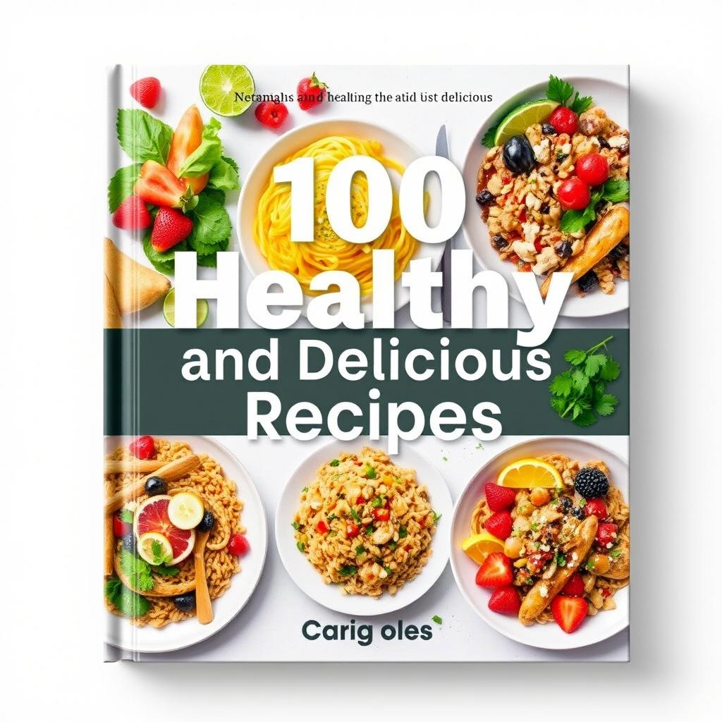 A book cover design for '100 Healthy and Delicious Recipes' featuring visually appealing, beautifully plated dishes that are both healthy and vibrant