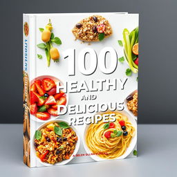 A book cover design for '100 Healthy and Delicious Recipes' featuring visually appealing, beautifully plated dishes that are both healthy and vibrant