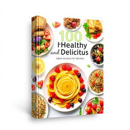 A book cover design for '100 Healthy and Delicious Recipes' featuring visually appealing, beautifully plated dishes that are both healthy and vibrant