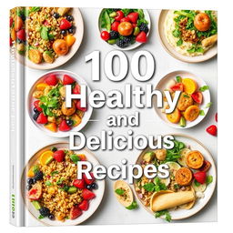 A book cover design for '100 Healthy and Delicious Recipes' featuring visually appealing, beautifully plated dishes that are both healthy and vibrant