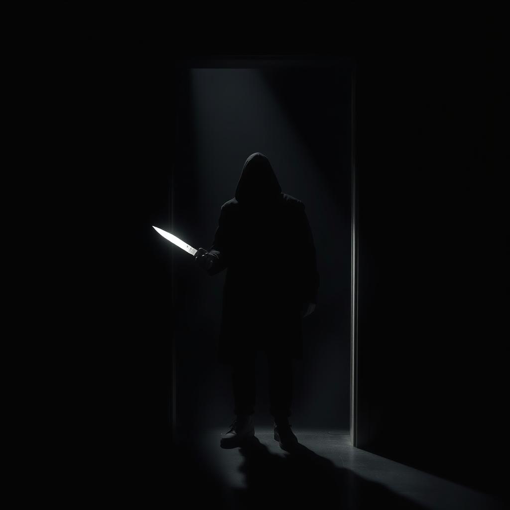 In a very dark room, a mysterious scene unfolds where the background features a man completely shrouded in shadow, standing in the threshold of a door