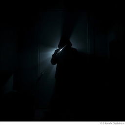 In a very dark room, a mysterious scene unfolds where the background features a man completely shrouded in shadow, standing in the threshold of a door