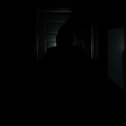 In a very dark room, a mysterious scene unfolds where the background features a man completely shrouded in shadow, standing in the threshold of a door