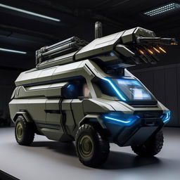 A futuristic commando's van, featuring sleek design, high-tech equipment, advanced surveillance systems, armored plating, and innovative weaponry deployment mechanisms.