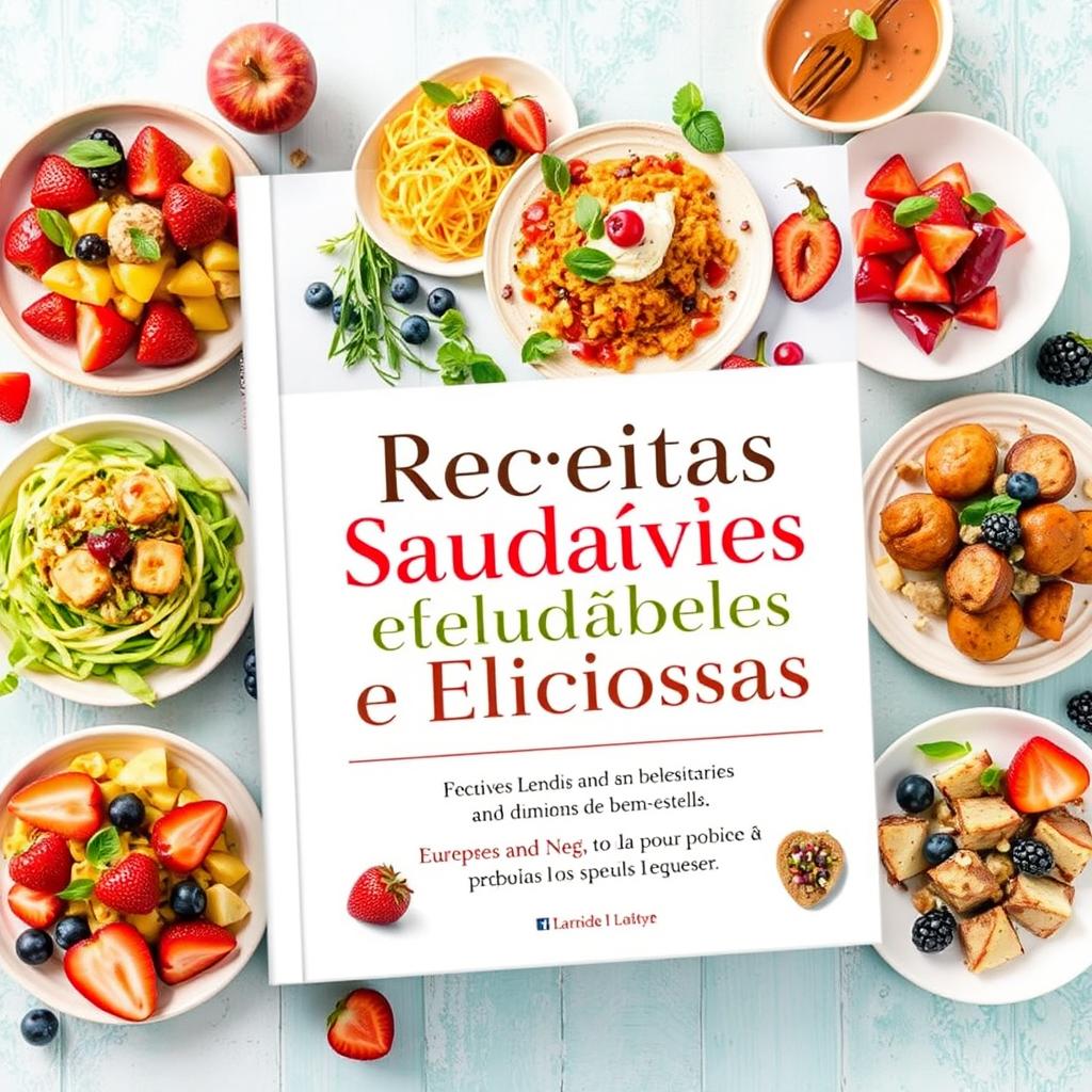 Uma capa de livro para '100 Receitas Saudáveis e Deliciosas' apresentando pratos visualmente atraentes, lindamente dispostos que são saudáveis e vibrantes