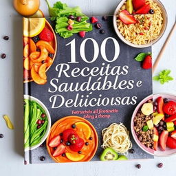 Uma capa de livro para '100 Receitas Saudáveis e Deliciosas' apresentando pratos visualmente atraentes, lindamente dispostos que são saudáveis e vibrantes