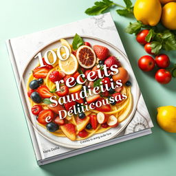 Uma capa de livro para '100 Receitas Saudáveis e Deliciosas' apresentando pratos visualmente atraentes, lindamente dispostos que são saudáveis e vibrantes