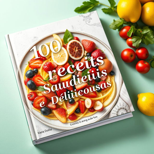 Uma capa de livro para '100 Receitas Saudáveis e Deliciosas' apresentando pratos visualmente atraentes, lindamente dispostos que são saudáveis e vibrantes