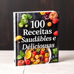 Uma capa de livro para '100 Receitas Saudáveis e Deliciosas' apresentando pratos visualmente atraentes, lindamente dispostos que são saudáveis e vibrantes