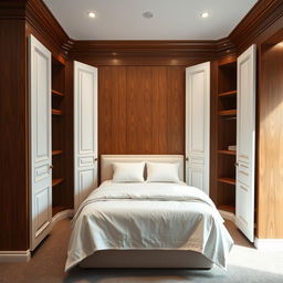 A spacious closet featuring elegant white doors, designed to fit a double bed comfortably in the center