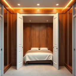 A spacious closet featuring elegant white doors, designed to fit a double bed comfortably in the center