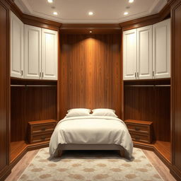 A spacious closet featuring elegant white doors, designed to fit a double bed comfortably in the center