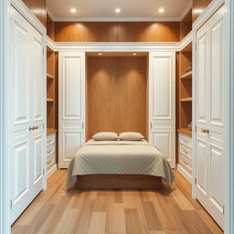 A spacious closet featuring elegant white doors, designed to fit a double bed comfortably in the center