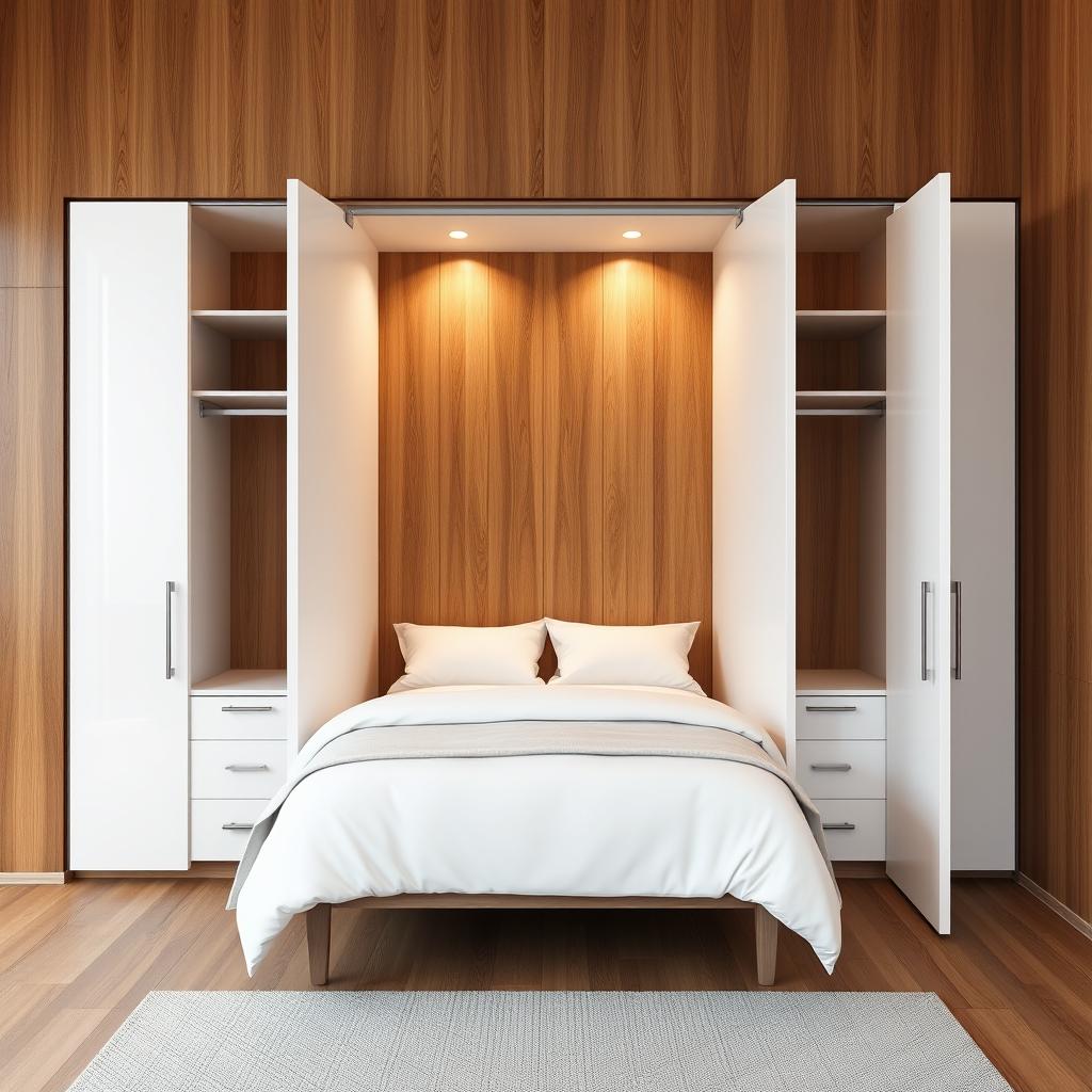 A beautifully designed closet featuring sleek white doors, centered to accommodate a double bed perfectly