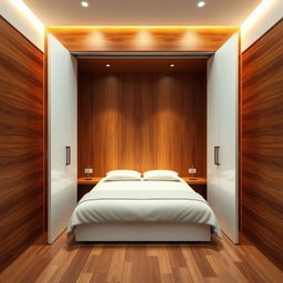 A beautifully designed closet featuring sleek white doors, centered to accommodate a double bed perfectly