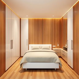 A beautifully designed closet featuring sleek white doors, centered to accommodate a double bed perfectly