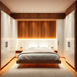 A beautifully designed closet featuring sleek white doors, centered to accommodate a double bed perfectly