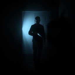 In a very dark room, a chilling scene is depicted where a man is completely engulfed in shadow, positioned in the background of the composition