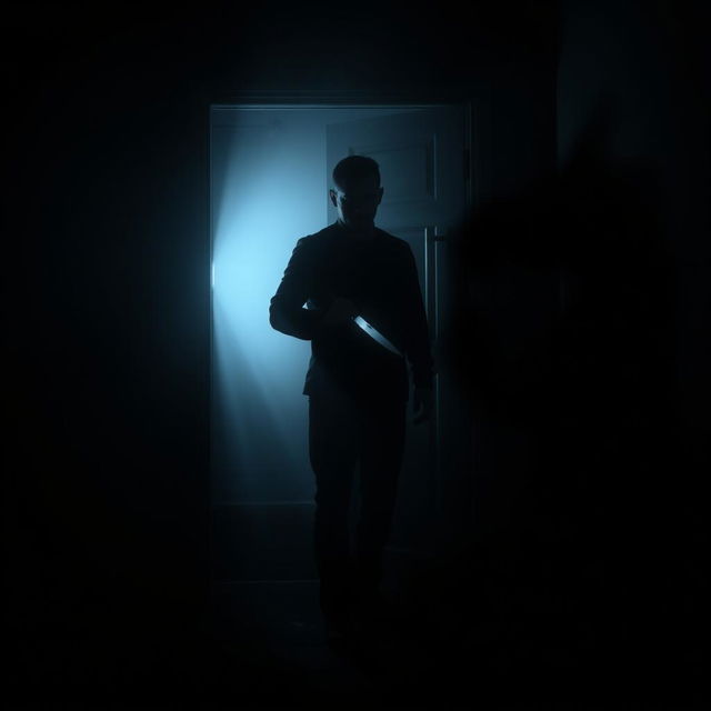 In a very dark room, a chilling scene is depicted where a man is completely engulfed in shadow, positioned in the background of the composition