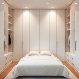 A beautifully designed closet with sleek, white doors positioned at the center of a bedroom, designed to accommodate a double bed comfortably