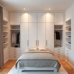 A beautifully designed closet with sleek, white doors positioned at the center of a bedroom, designed to accommodate a double bed comfortably