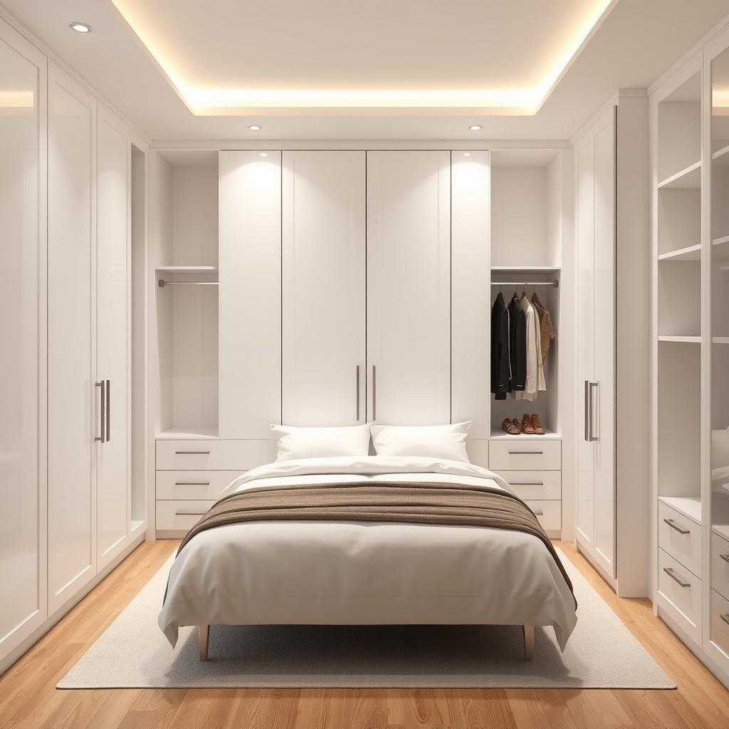 A beautifully designed closet with sleek, white doors positioned at the center of a bedroom, designed to accommodate a double bed comfortably