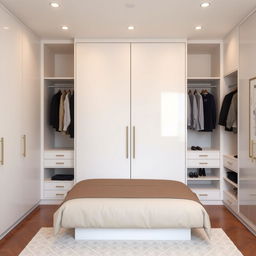 A beautifully designed closet with sleek, white doors positioned at the center of a bedroom, designed to accommodate a double bed comfortably