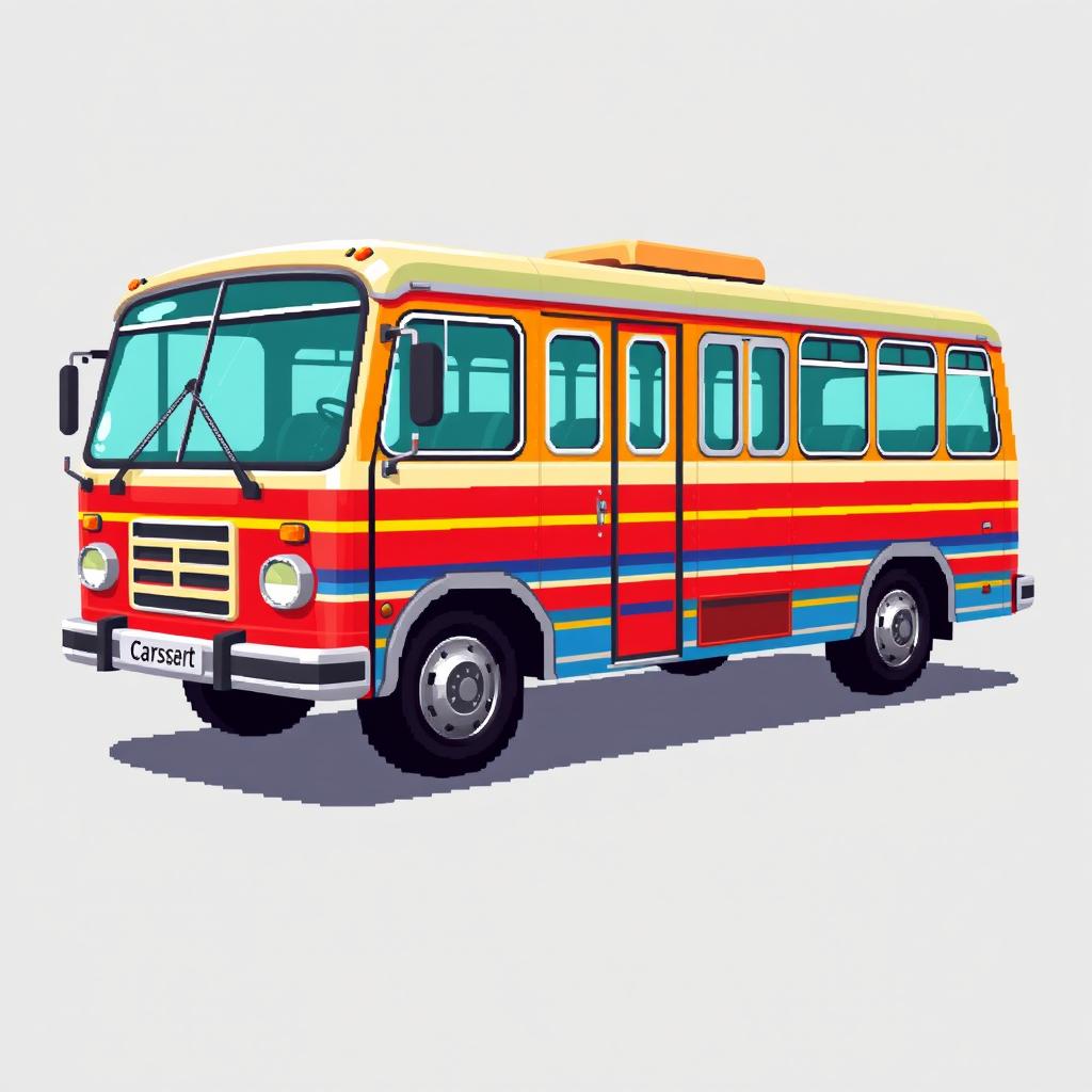 A pixel art sprite depicting a Russian bus viewed from the side, featuring vibrant colors and detailed pixelation to highlight the structure and design of the bus