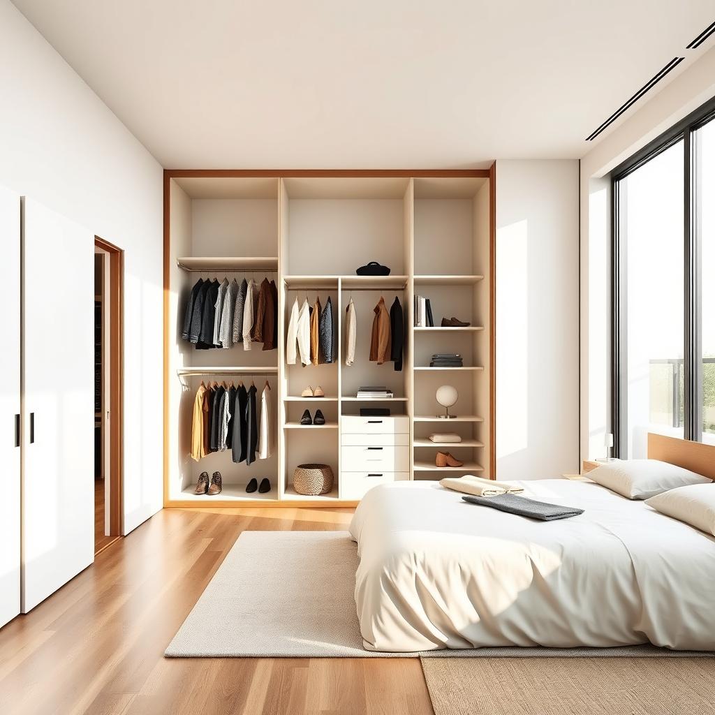 A modern minimalist room featuring a large open closet devoid of doors, seamlessly integrated into the overall design