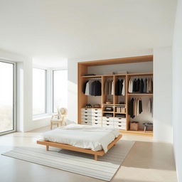 A modern minimalist room featuring a large open closet devoid of doors, seamlessly integrated into the overall design