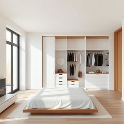 A modern minimalist room featuring a large open closet devoid of doors, seamlessly integrated into the overall design