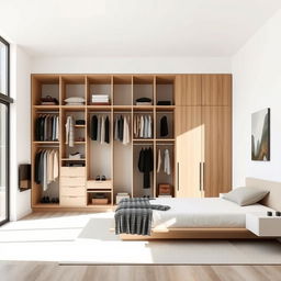 A modern minimalist room featuring a large open closet devoid of doors, seamlessly integrated into the overall design