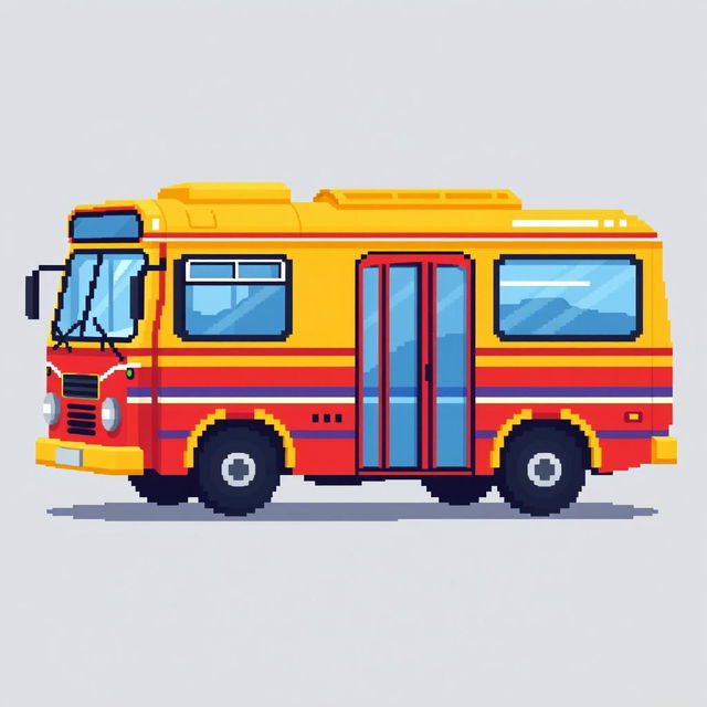 A pixel art sprite of a Russian bus depicted from the side view, designed specifically within a 128 by 128 pixel canvas