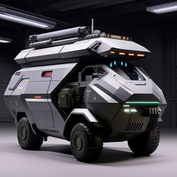 A futuristic commando's van, featuring sleek design, high-tech equipment, advanced surveillance systems, armored plating, and innovative weaponry deployment mechanisms.