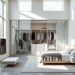 A modern minimalist room featuring a spacious closet with elegant crystal doors that provide a stunning visual effect while allowing light to filter through