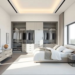 A modern minimalist room featuring a spacious closet with elegant crystal doors that provide a stunning visual effect while allowing light to filter through