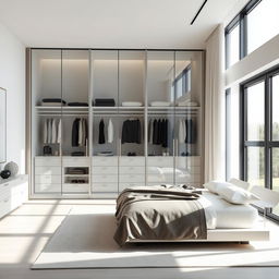 A modern minimalist room featuring a spacious closet with elegant crystal doors that provide a stunning visual effect while allowing light to filter through