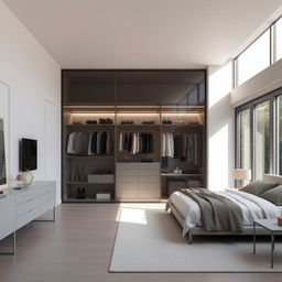 A modern minimalist room featuring a spacious closet with elegant crystal doors that provide a stunning visual effect while allowing light to filter through