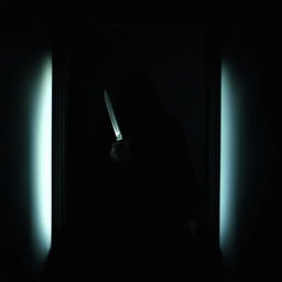 In a very dark room, a suspenseful scene is captured where a man is completely cloaked in shadow in the background