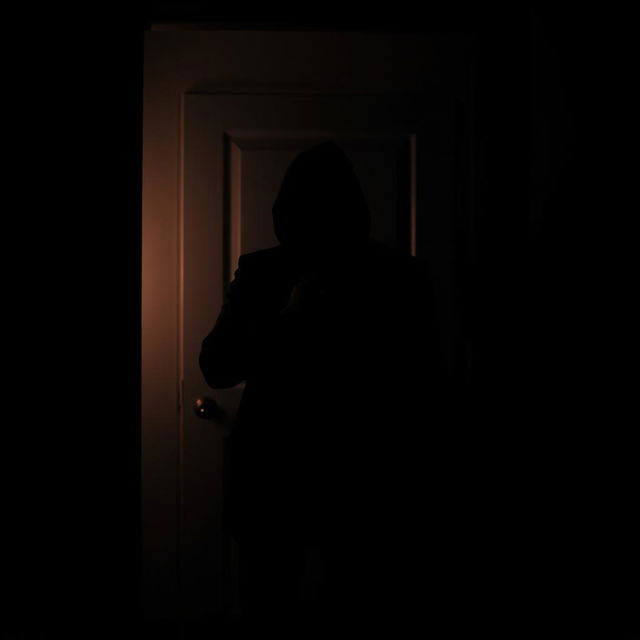 In a very dark room, a suspenseful scene is captured where a man is completely cloaked in shadow in the background