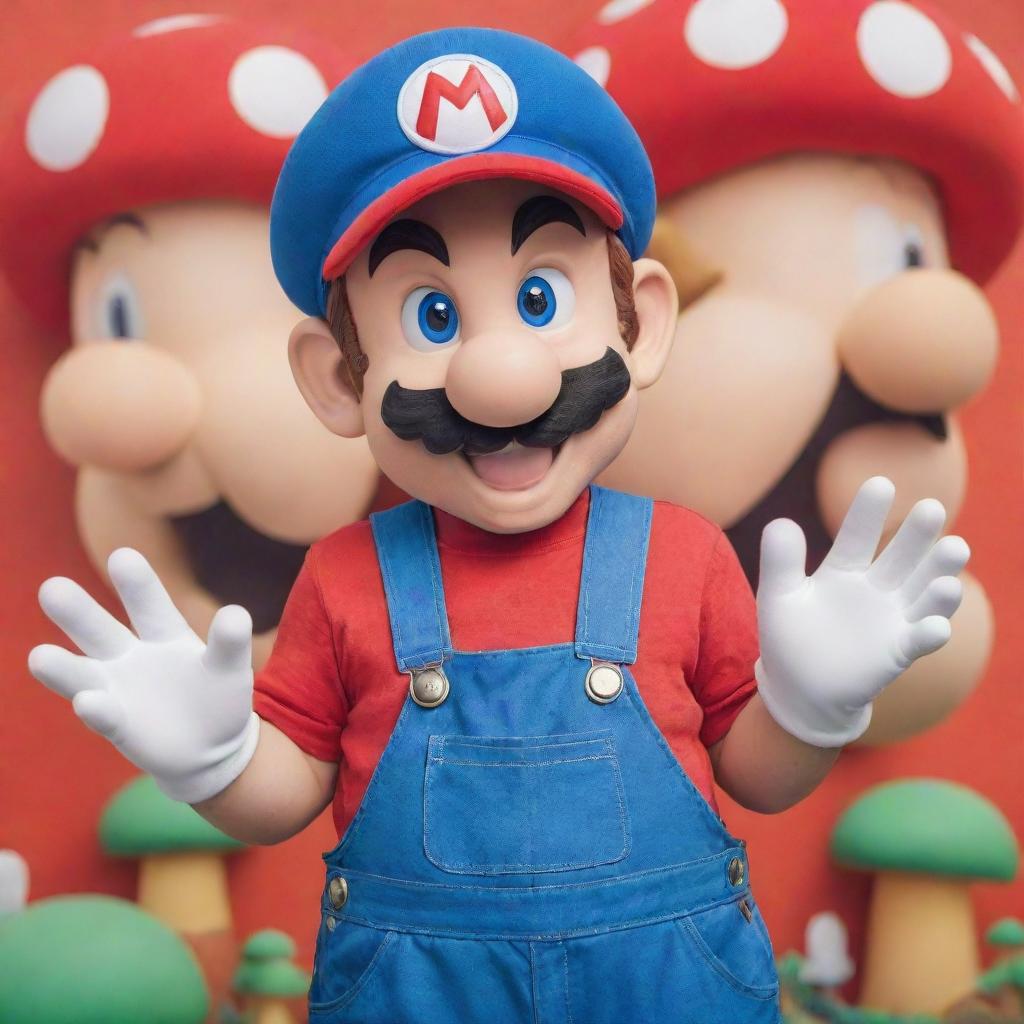 Classic Super Mario character with vivid red hat, blue overalls, and a playful expression against a colorful Mushroom Kingdom backdrop