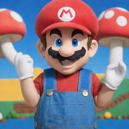 Classic Super Mario character with vivid red hat, blue overalls, and a playful expression against a colorful Mushroom Kingdom backdrop