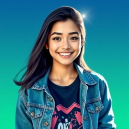 A vibrant and modern profile picture showcasing a confident and stylish individual with long dark hair, wearing a trendy denim jacket over a casual graphic t-shirt