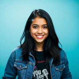 A vibrant and modern profile picture showcasing a confident and stylish individual with long dark hair, wearing a trendy denim jacket over a casual graphic t-shirt