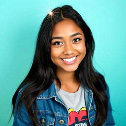 A vibrant and modern profile picture showcasing a confident and stylish individual with long dark hair, wearing a trendy denim jacket over a casual graphic t-shirt