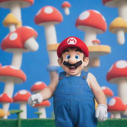 Classic Super Mario character with vivid red hat, blue overalls, and a playful expression against a colorful Mushroom Kingdom backdrop