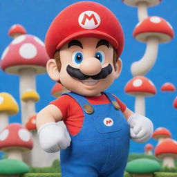 Classic Super Mario character with vivid red hat, blue overalls, and a playful expression against a colorful Mushroom Kingdom backdrop