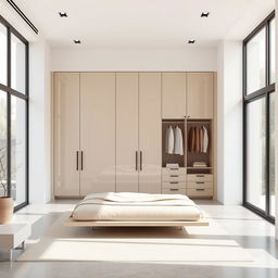 A modern minimalist room featuring a stunning large Italian design closet, known for its sleek lines and high-quality craftsmanship